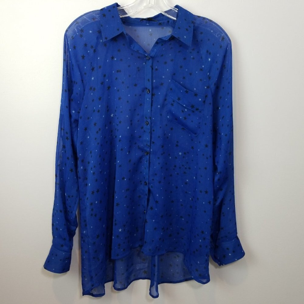 Express Blue Sheer Button Downblouse With Black S… - image 1
